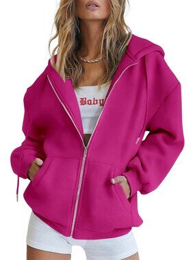 Women's Rose Red Long Sleeve Pockets Zip Up Hoodies Sweatshirts Track Jackets